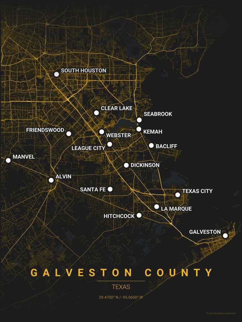 Map of Galveston County and the Houston Bay Area marking the 16 cities On The Way serves, from South Houston and Manvel to Galveston, with the Santa Fe shop