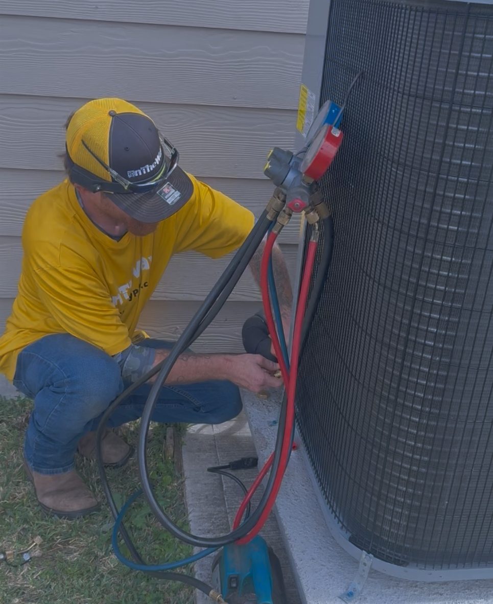On The Way HVAC technician evaluating AC system for replacement