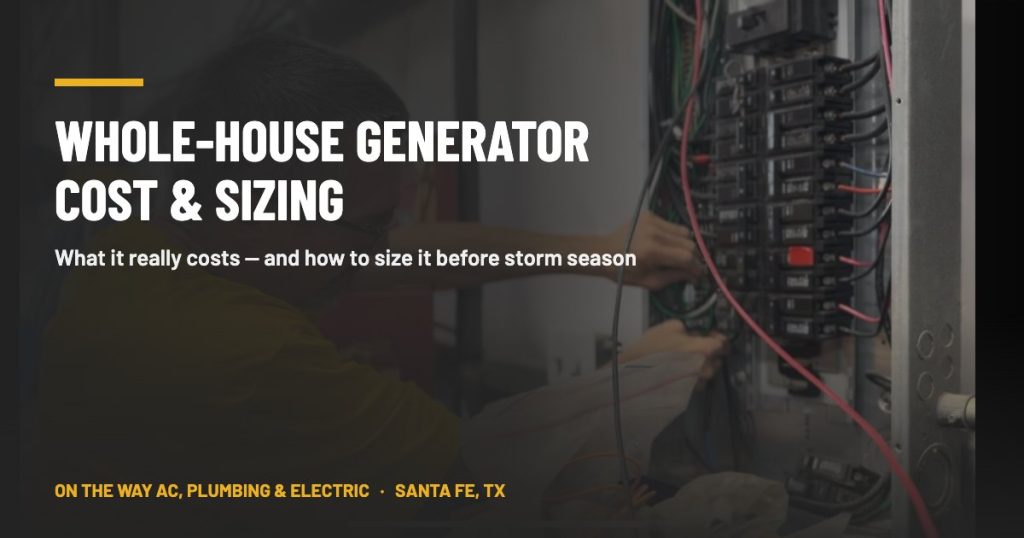 On The Way electrician working inside a home electrical panel in Santa Fe, Texas, where a whole-house generator transfer switch is installed