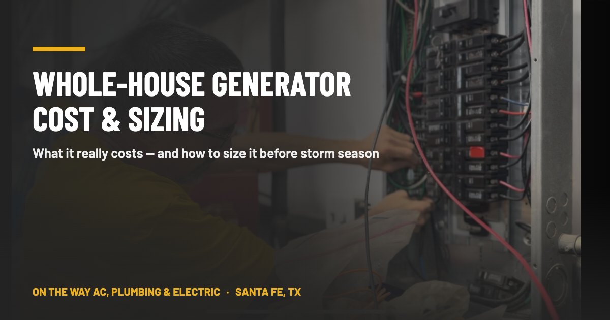 On The Way electrician working inside a home electrical panel in Santa Fe, Texas, where a whole-house generator transfer switch is installed